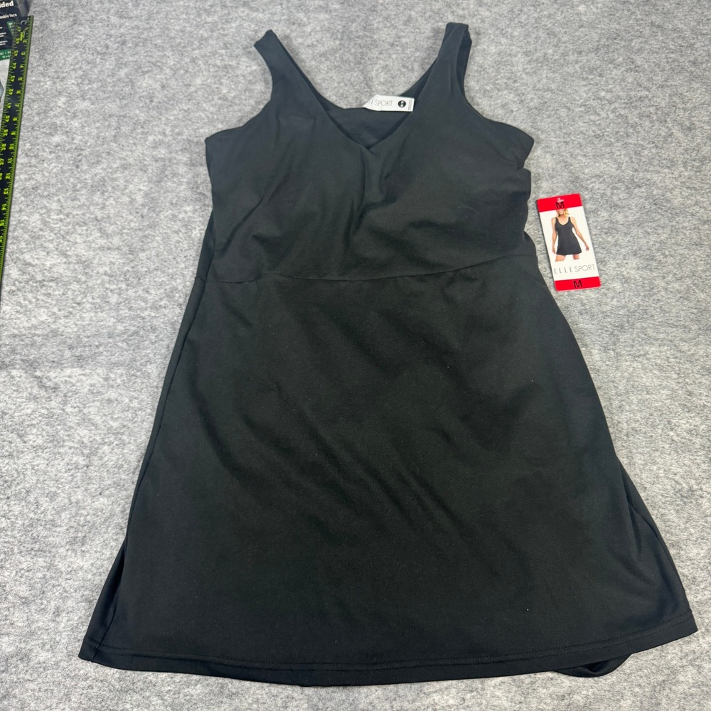 Elle Sport Womens Black Active Dress V-Neck Built-in Shorts Pockets Medium NEW